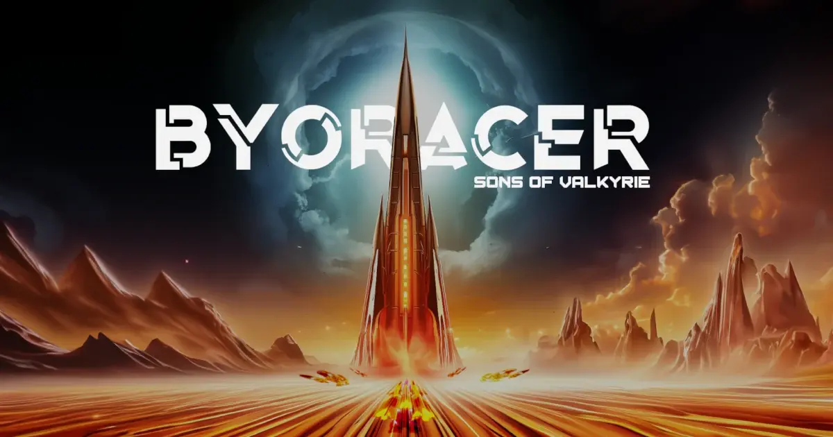 BYORacer — Title artwork with a futuristic structure against orange clouds.