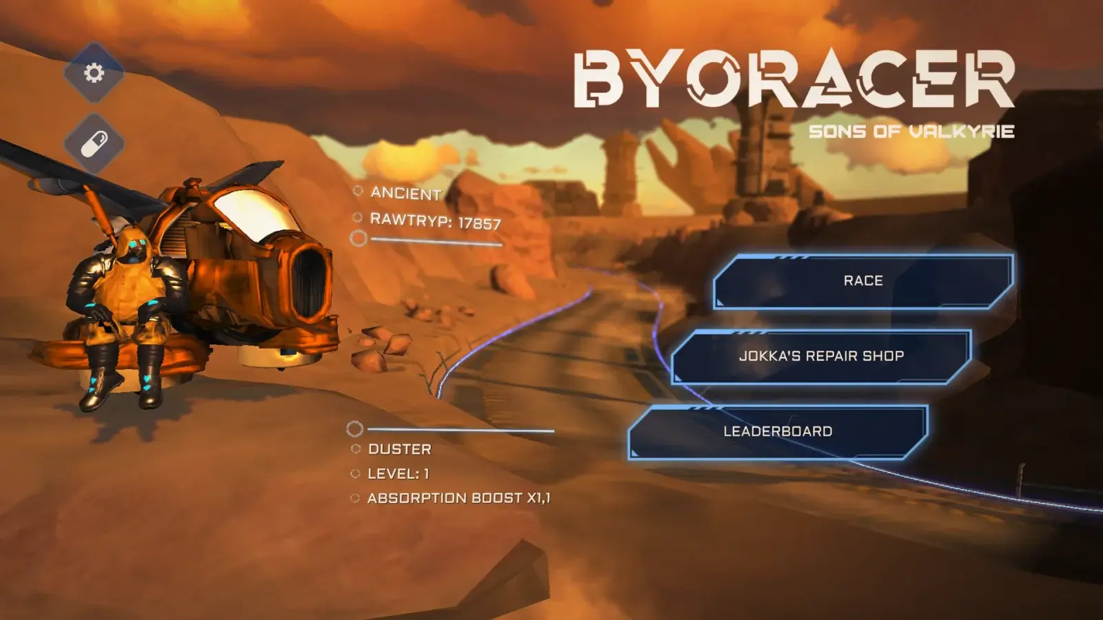 BYORacer — Main menu with the pilot and racing vehicle.