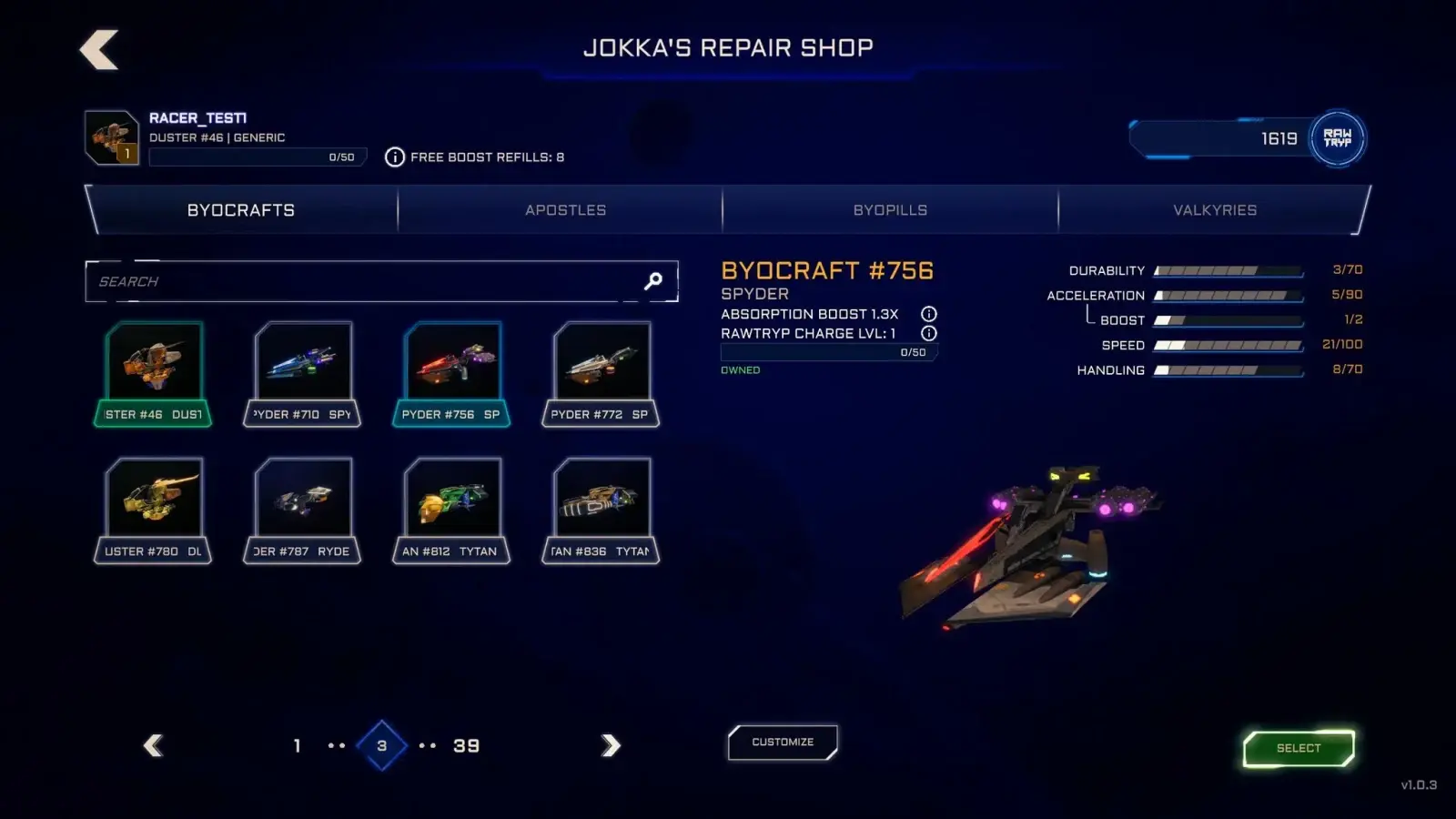 BYORacer — Vehicle selection in Jocka’s Repair Shop.