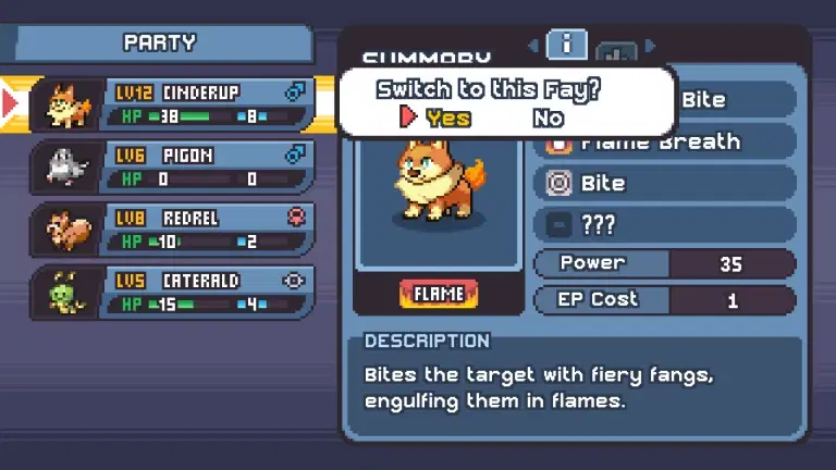 Fay Keeper — Party selection and creature move information.