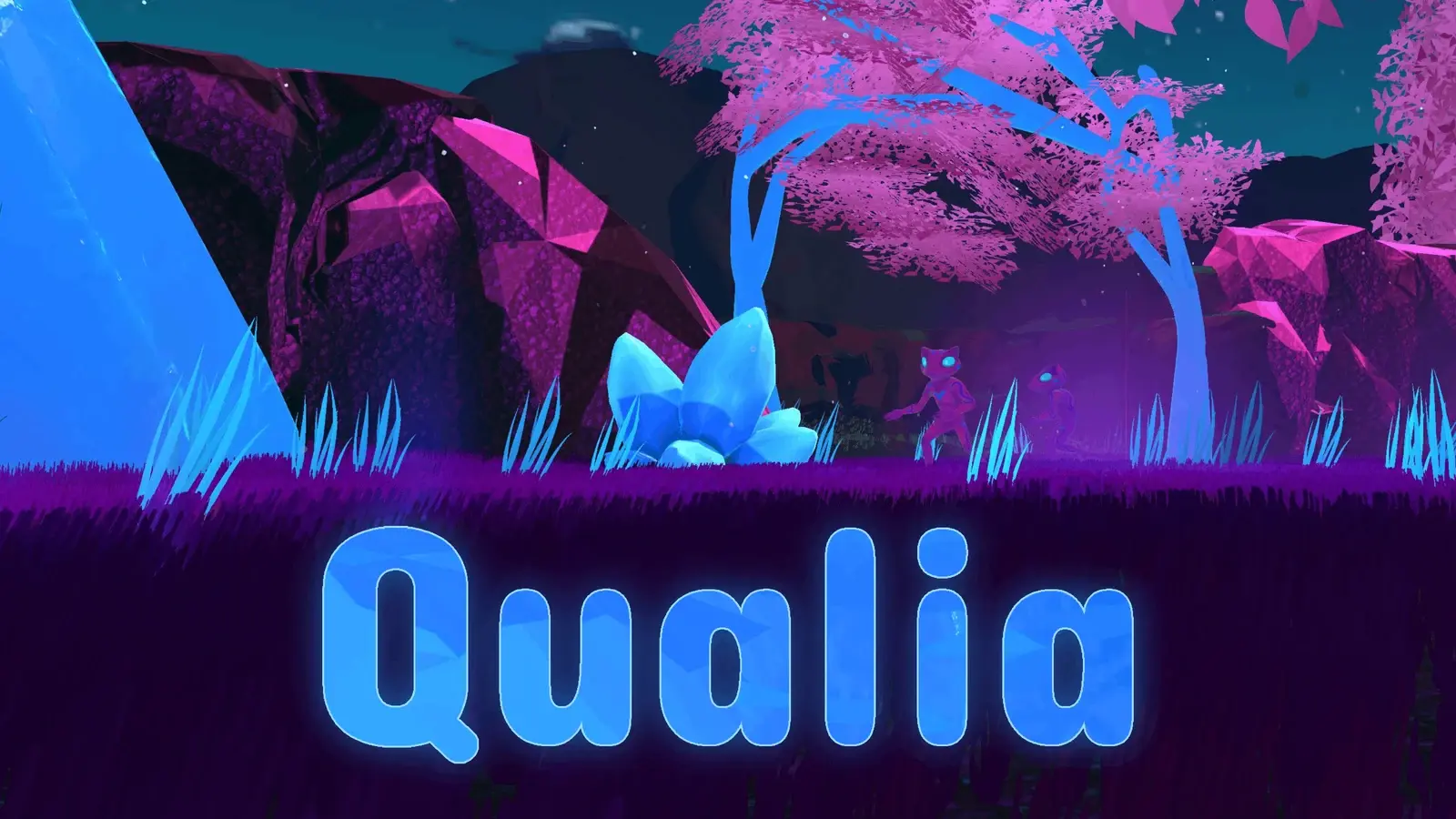 Qualia — Title artwork in a colorful crystalline forest.