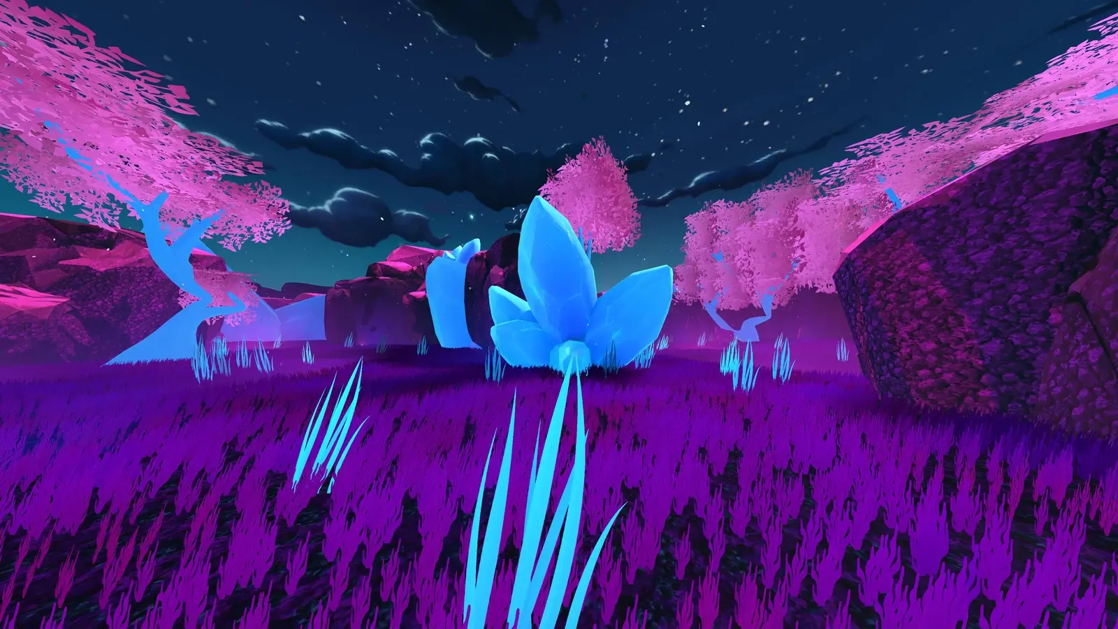 Qualia — Luminous blue flowers, pink trees and crystals in the VR environment.