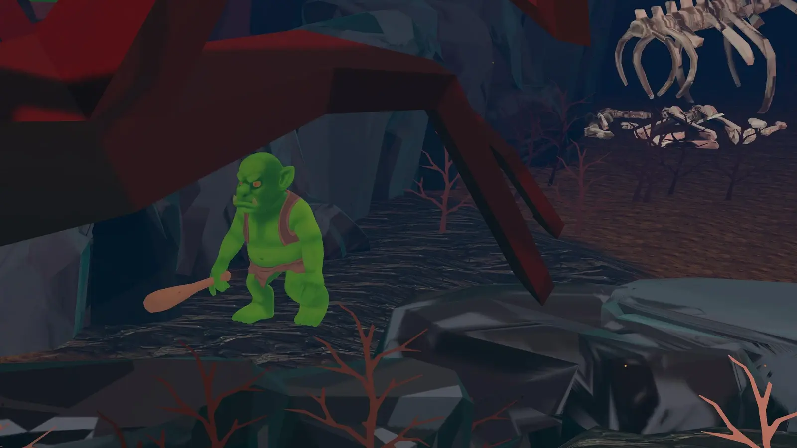 Qualia — Green creature beside a rocky passage and large skeletal remains.