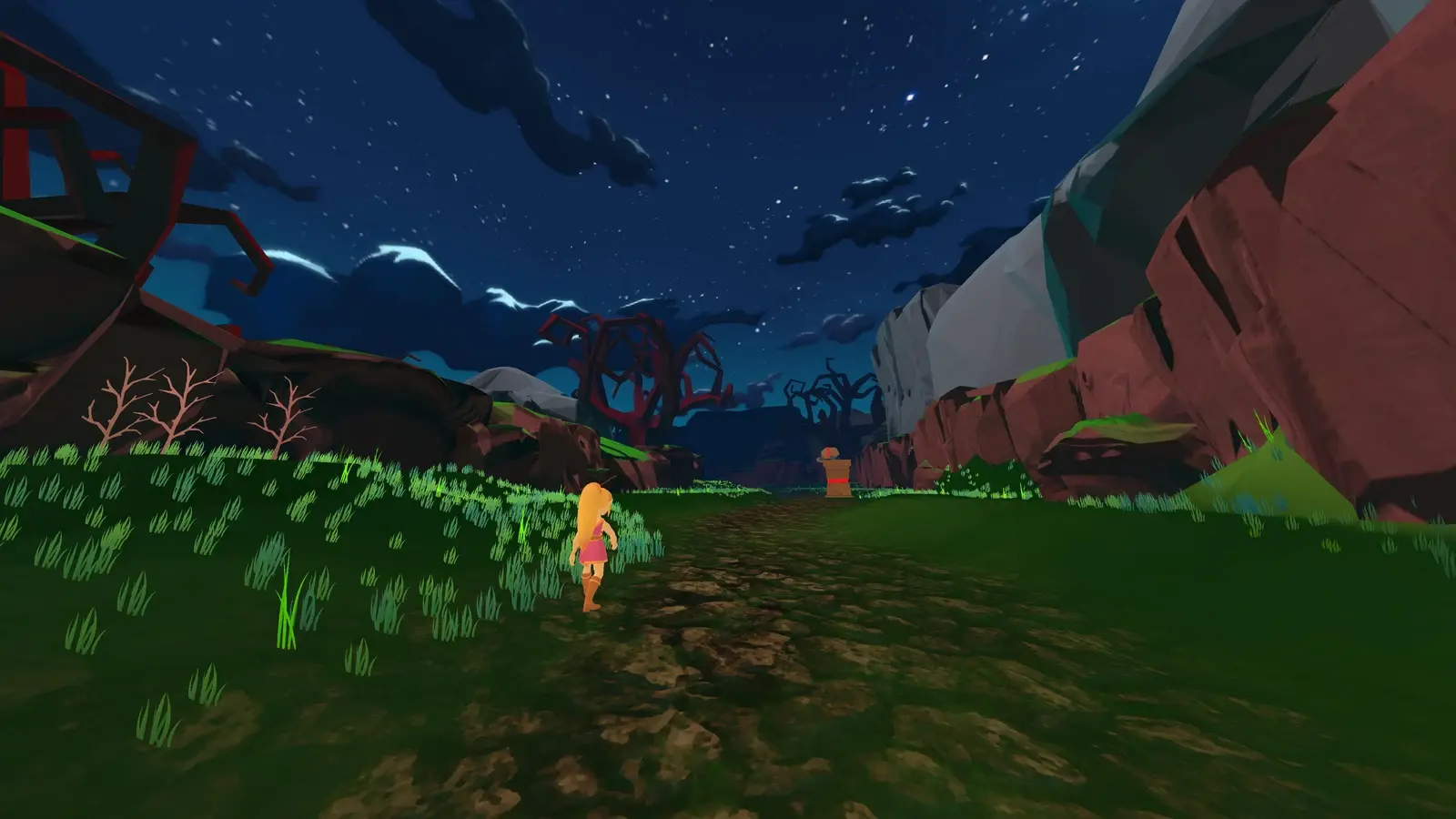 Qualia — Night landscape with flowers and distant structures.