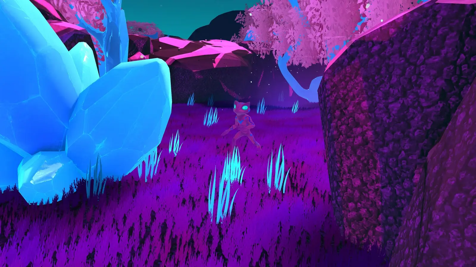 Qualia — Crystals beneath a pink forest canopy.