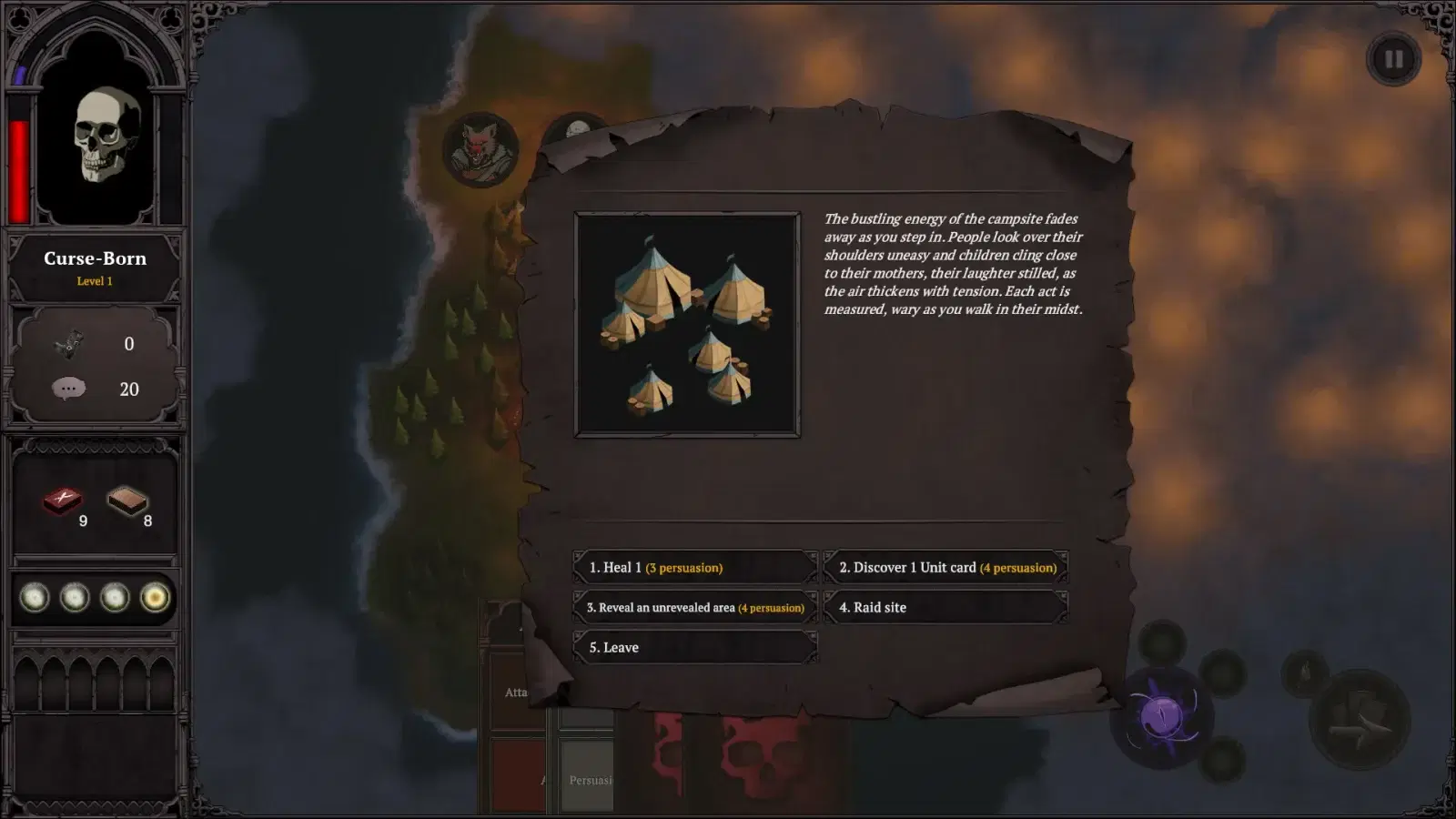 Tale of Souls — Campsite encounter with narrative text and selectable actions.