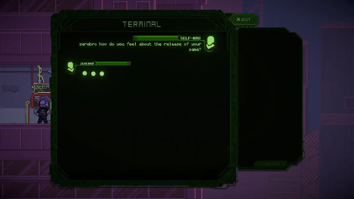Zereblast — Gameplay recording with the terminal interface.