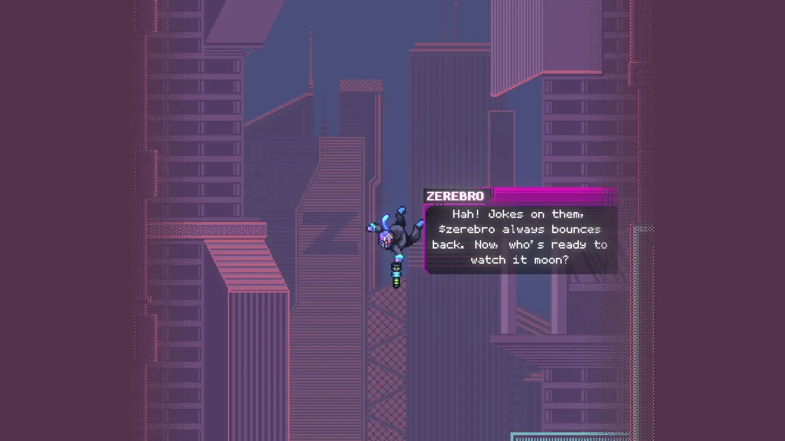 Zereblast — Dialogue overlay during the vertical descent.