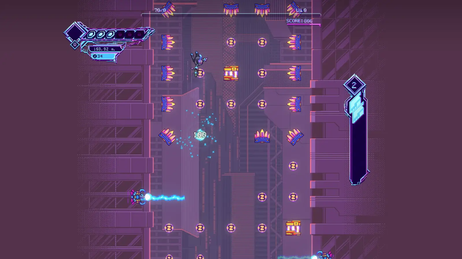 Zereblast — Vertical descent with obstacles and the player HUD.