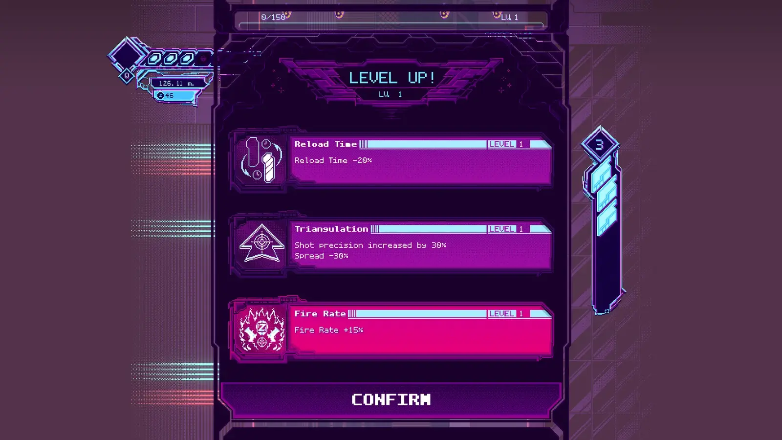 Zereblast — Level-up interface and upgrade choices.