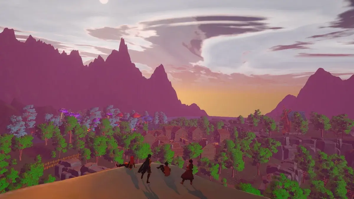 Nemilis prototype: characters overlooking a colorful valley at sunset
