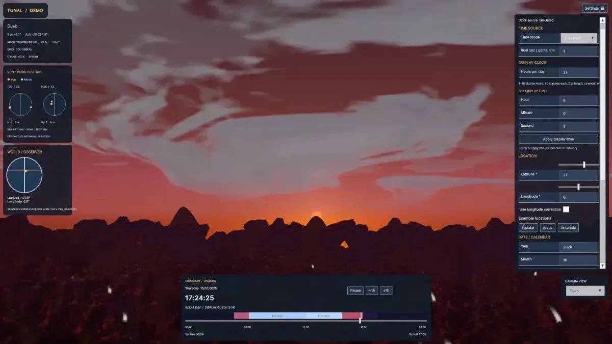 Tunal Unity development demo with time and celestial controls